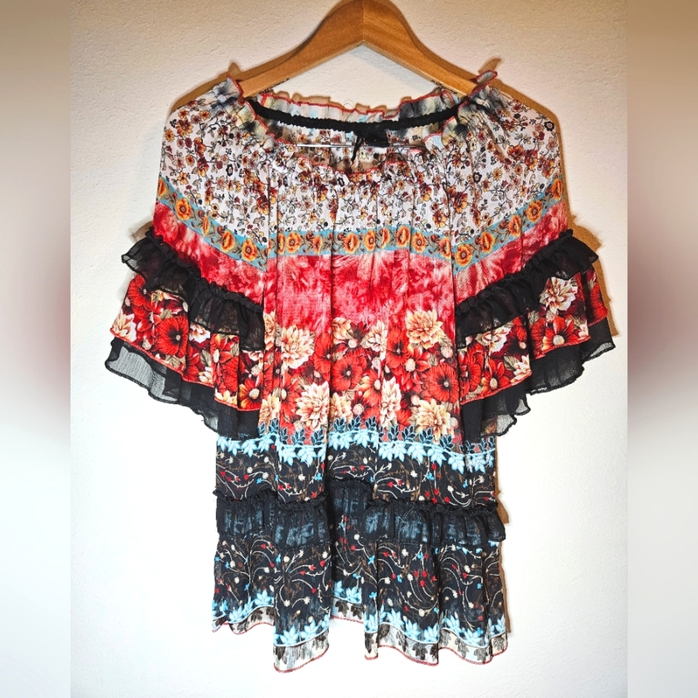 Boho New Directions Large Bohemian Flounce Off the Shoulder Floral Blouse Top
